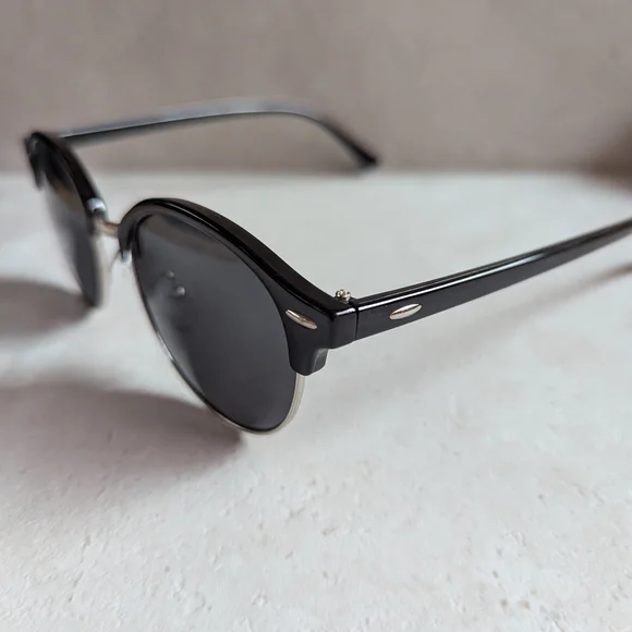 Classic Round Black and Silver Unisex Sunglasses with Case - Picture 3 of 5